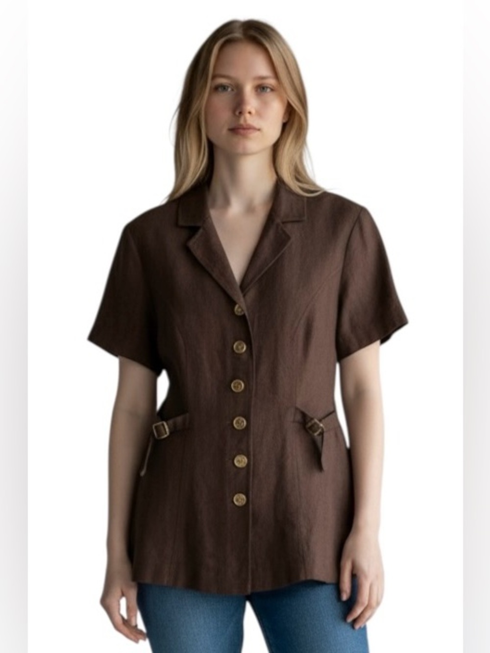 Vintage Apostrophe Sz8 Chocolate Brown Button Up Short Sleeve Linen Blend Blouse